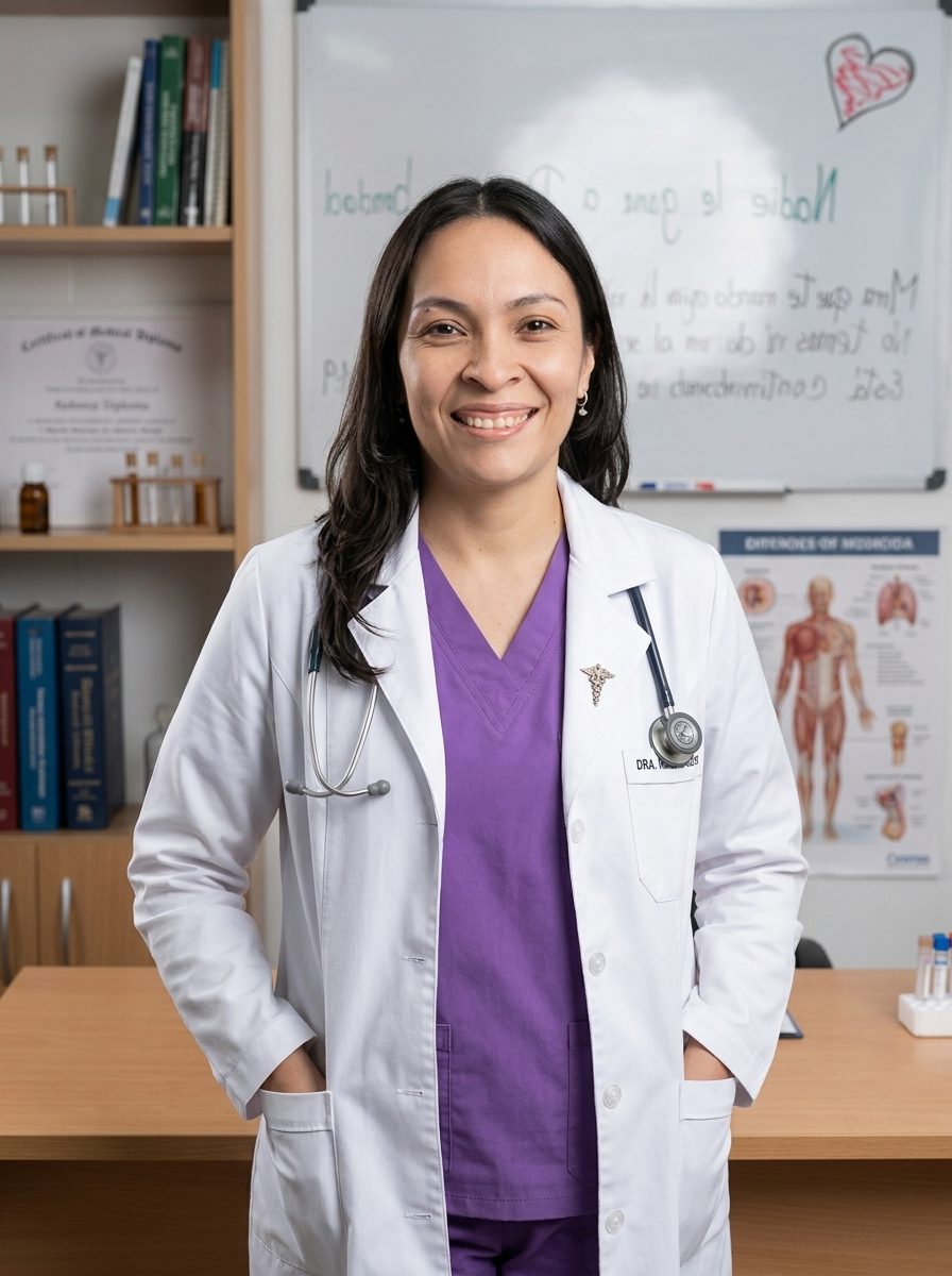 Retrato profesional de la Dra. Paola Hernández en su consultorio